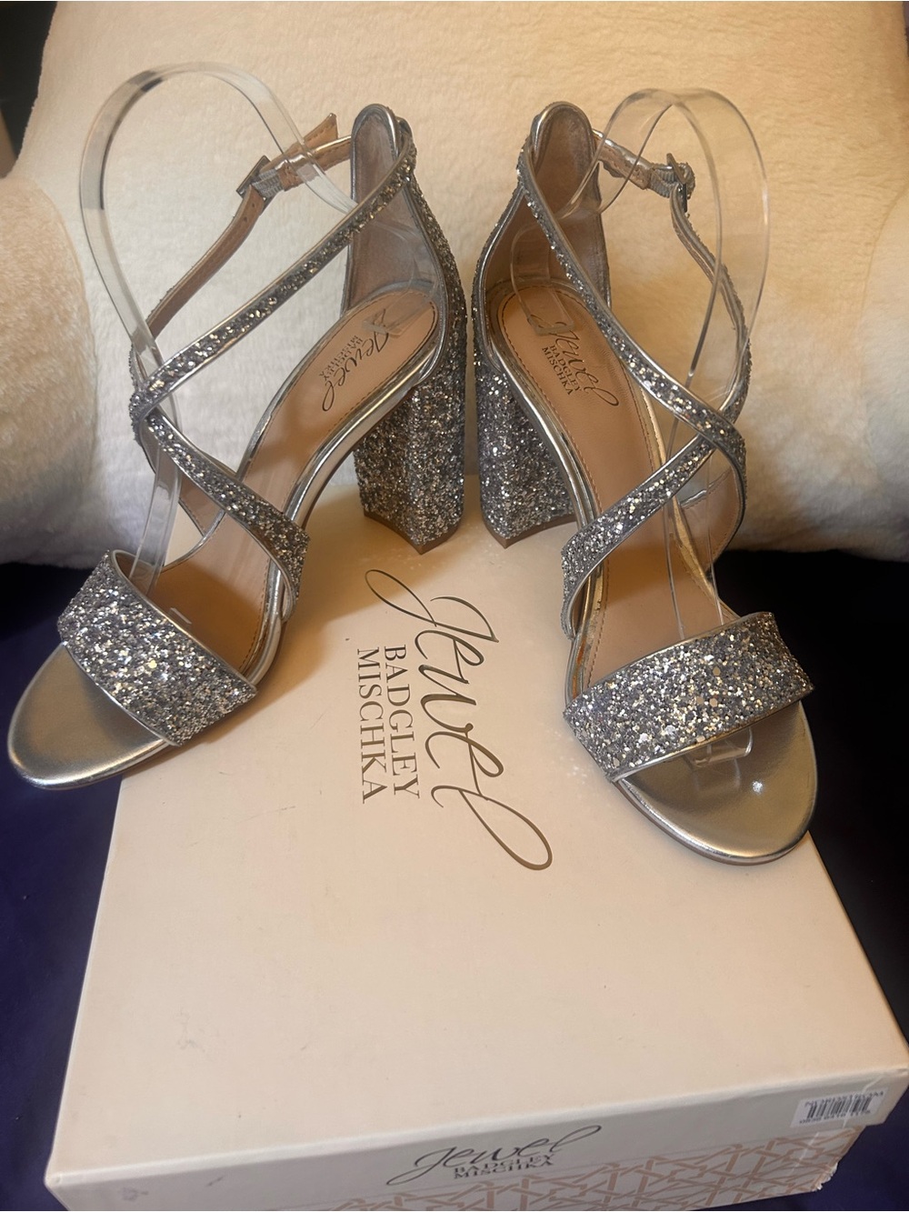 Badgley Mischka Silver Glitter Strappy Block Heels
